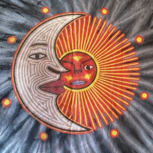 NWOT/2XL custom tee. Double graphics. Tie dye. Dark blue/ black/grey. NWOT. Boho